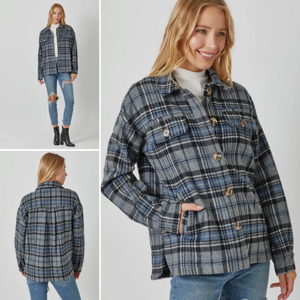 363. Mystree Plaid Shacket W/Pockets Blue Gray Cabincore Outdoor Jacket NWT